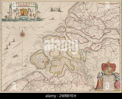 Mappa di Zeeland, Zeelandia Comitatus (titolo sull'oggetto), in alto a sinistra il titolo e lo stemma della Zelanda circondato da tritoni. In alto a destra un bastone di bilancia: Milliaria Germanica communia. In basso a destra un cartiglio con la dedica e lo stemma di Johan de Knuyt. A sinistra di essa una figura femminile come personificazione di, stampatore: Anonimo, editore: Johannes Janssonius van Waesberge (i), Johannes Janssonius, Amsterdam, 1636 e/o 1666, carta, incisione, stampa letterpress, altezza 387 mm x larghezza 500 mm, stampa Foto Stock