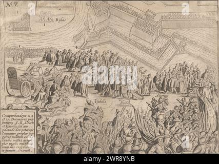 Assedio di Ostenda: L'armistizio del 24 e 25 dicembre 1601, Comprehendens 24 et 25 decemberis praesentibus SM Alberto et Isabella (...) (Titolo sull'oggetto), l'armistizio del 25 dicembre 1601. Isabella e Albrecht appaiono tra una grande folla prima della città assediata. In basso a sinistra un cartiglio con un'iscrizione in latino. In basso a destra un cartiglio con iscrizione in latino. Numerato in alto a sinistra: 7., stampatore: Anonimo, stampatore: Baptista van Doetechum, (possibilmente), 1601 - 1604 e/o 1615, carta, incisione, altezza 170 mm x larghezza 240 mm Foto Stock