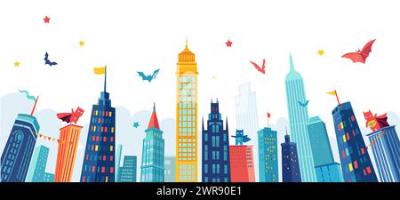 Sfondo orizzontale in stile comico da festa super eroe con silhouette urbana e nuvole. Illustrazione Vettoriale