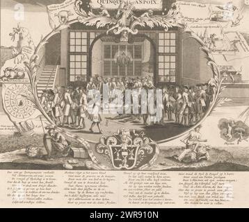 La caffetteria Quincampoix ad Amsterdam, 1720, Quinquanpoix (titolo sull'oggetto), Het Groote Tafereel der Foolishness (titolo della serie), rappresentazione centrale della caffetteria Quincampoix nella Kalverstraat, il centro del commercio d'azione ad Amsterdam, 1720. Nella cornice si fa riferimento ai progetti di Muiden, Utrecht, Harlingen, Weesp, Rotterdam e Mississippi. In fondo uno stemma composto da mulini a vento e la testa di un giullare. Nella didascalia un verso in quattro colonne. Stampa 10 nella serie Het Groote Tafereel der Foolishness con cartoni animati sul Windhandel o Actiehandel del 1720. Foto Stock