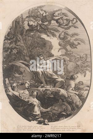Apollo con lira su Parnaso, serie dopo dipinti di Vouet per la biblioteca del Hôtel Séguier (titolo della serie), tipografo: Michel Dorigny, dopo pittura di: Simon Vouet, Lodewijk XIII (koning van Frankrijk), Francia, 1640, carta, incisione, incisione, altezza 435 mm x larghezza 295 mm, stampa Foto Stock