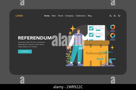 Modalità Web elettorale o di atterraggio buio o notturna. Procedura democratica, cittadini che scelgono il partito politico o il candidato. Carattere che controlla una votazione su un referendum. Illustrazione vettoriale piatta Illustrazione Vettoriale