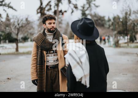 Foto all'aperto di un giovane vestito con abiti invernali, impegnato in una conversazione con una donna che le ha voltato le spalle. Foto Stock