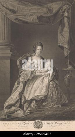 Ritratto di Charlotte Mecklenburg-Strelitz con sua figlia Charlotte, Charlotte Regina di Gran Bretagna e la Principessa reale (titolo sull'oggetto), stampatore: William Wynne Ryland, dopo aver dipinto di: Francis Cotes, editore: William Wynne Ryland, Londra, luglio-1770, carta, incisione, altezza 593 mm x larghezza 388 mm, stampa Foto Stock