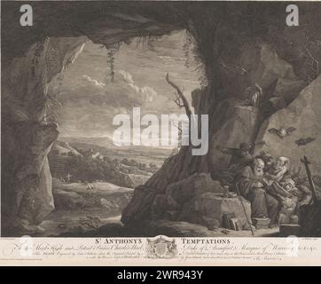 Tentazione di Sant'Antonio, St Anthony's Temptations (title on object), Text in English in the bottom margin., print maker: Luke Sullivan, after painting by: David Teniers, Publisher: Bernard Baron, London, 1751, paper, incisione, incisione, altezza 418 mm x larghezza 519 mm, stampa Foto Stock