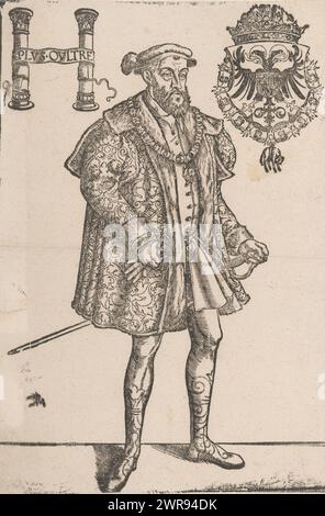 Ritratto dell'imperatore Carlo V d'Asburgo, imperatore tedesco e re di Spagna, stampatore: Anonimo, su disegno di: Lucas Cranach (II), 1525 - 1586, carta, altezza 328 mm x larghezza 225 mm, stampa Foto Stock