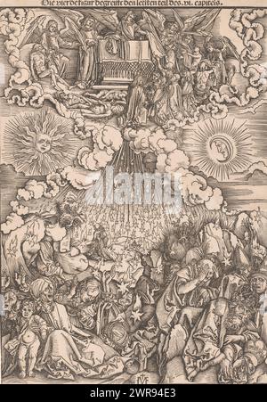 Apertura del quinto e sesto sigillo, copie dopo Apocalisse di Dürer (titolo della serie), apertura del quinto sigillo: martiri indossati abiti bianchi; apertura del sesto sigillo: Il giorno dell'ira, il sole divenne nero, la luna rosso sangue, un grande terremoto scosse montagne e isole. Le stelle caddero dal cielo sul Papa, sull'Imperatore e sul popolo comune., stampatore: Ieronimus Greff von Frankfurt, dopo la stampa di: Albrecht Dürer, 1502, carta, altezza 390 mm x larghezza 280 mm, stampa Foto Stock