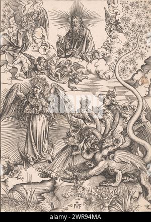 Soffiando la settima tromba, copie dopo l'Apocalisse di Dürer (titolo della serie), Dio appare nel cielo e porta la donna apocalittica, vestita di sole, con la luna sotto i suoi piedi e una corona di dodici stelle sulla sua testa. Suo figlio appena nato viene salvato dal drago a sette teste dagli angeli., stampatore: Ieronimus Greff von Frankfurt, dopo la stampa di: Albrecht Dürer, 1502, carta, altezza 390 mm x larghezza 280 mm, stampa Foto Stock