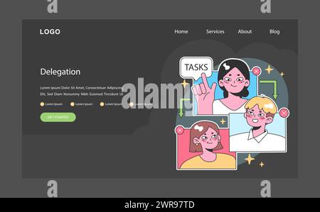 Potenziamento della modalità dark o notturna Web, atterraggio. Il responsabile del team delega efficacemente le attività ai membri del team. Sviluppo delle competenze e della produttività dei lavoratori d'ufficio. Illustrazione vettoriale piatta. Illustrazione Vettoriale