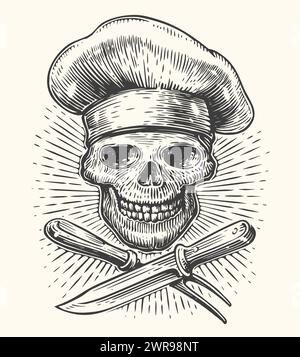 Illustrazione vettoriale del cranio dello chef. Teschio macinato in cappello da chef con attrezzi per barbecue incrociati Illustrazione Vettoriale