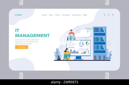 Web o pagina di destinazione dei processi e delle tecnologie operative. Sistemi di rete efficienti e cloud computing nelle aziende moderne. Analisi dei dati e sicurezza dell'infrastruttura. Illustrazione vettoriale piatta. Illustrazione Vettoriale