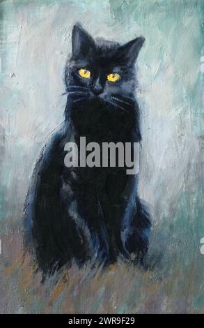 Gatto nero con occhi gialli seduta, intera silhouette. Pittura a olio su tela. Impressione, sfondo chiaro, gamma di colori ristretta, colori pastello luminosi Foto Stock