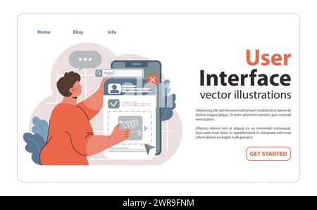 Navigazione sul Web e interfaccia utente. Man naviga in una pagina del browser, evidenziando la barra di ricerca e interagendo con gli elementi del sito Web. Esperienza digitale senza interruzioni. Illustrazione vettoriale piatta Illustrazione Vettoriale