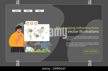 Illustrazione dello sviluppo dell'infrastruttura di ricarica EV. Una vivida rappresentazione vettoriale della rete globale in espansione di stazioni di ricarica per veicoli elettrici, che simboleggia il progresso. Illustrazione Vettoriale