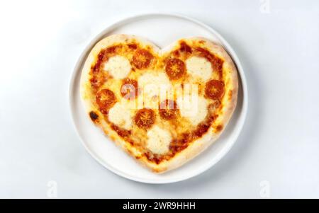 Pizza margherita a forma di cuore in un piatto isolato su sfondo bianco. Cucina italiana Foto Stock