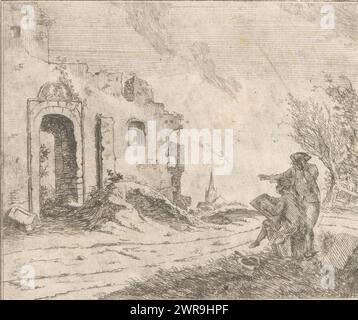 Disegnatore vicino a una rovina, un giovane uomo siede su un blocco di pietra con un tappetino in grembo. Un uomo con un cappello sta accanto a lui. Indica la rovina che sta guardando il giovane. Tiene il suo cappello con l'altra mano., stampatore: Johannes Huibert Prins, 1767 - 1806, carta, incisione, altezza 127 mm x larghezza 149 mm, stampa Foto Stock