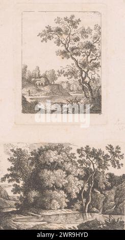 Due paesaggi con colline, un lago e foreste. Il paesaggio in cima è un lago con due alberi in primo piano e edifici sullo sfondo. Il paesaggio del fondo è un lago con un pescatore., tipografo: Joseph Charles Cogels, (attribuito a), 1795 - 1831, carta, incisione, altezza 105 mm x larghezza 80 mm x altezza 78 mm x larghezza 110 mm, stampa Foto Stock