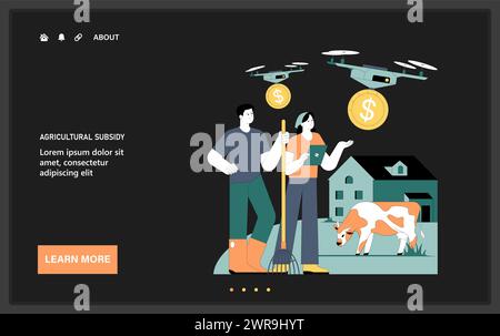 Web o atterraggio di sussidi governativi. Il settore agricolo riceve un sostegno finanziario. Agricoltori con strumenti e droni moderni per un'agricoltura efficiente. Strategia di bilancio del governo. Illustrazione vettoriale piatta. Illustrazione Vettoriale