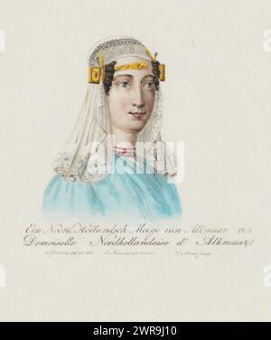 Busto di una ragazza in costume tradizionale e, A North Holland Girl from Alkmaar/ Demoiselle Nordhollandaise d'Alkmaar (titolo sull'oggetto), tipografo: Willem van Senus, dopo disegno di: Hendrik Greeven, editore: Evert Maaskamp, Amsterdam, 1824, carta, incisione, altezza 179 mm x larghezza 132 mm, stampa Foto Stock