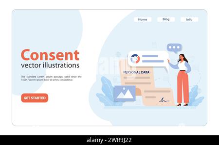 Illustrazione del concetto di consenso. Una donna professionale si muove verso una forma di dati personali, sottolineando l'accordo con gli utenti e la protezione dei dati tra elementi urbani. Illustrazione vettoriale piatta Illustrazione Vettoriale