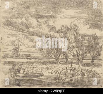 Pollard salica sul bordo dell'acqua, Vista su un'acqua con quattro salici pollard. In primo piano due figure in sloop e sullo sfondo un mulino, tipografo: Augustinus Jacobus Bernardus Wouters, Paesi Bassi, 1839 - 1886, carta, incisione, altezza 74 mm x larghezza 86 mm, stampa Foto Stock