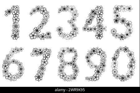 Semplicemente fiore numero uno con testa di fiore, elementi isolati disegnati a mano per scheda di disegno, invito e pagina da colorare. Doodle bianco e nero floreale Illustrazione Vettoriale
