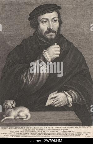 Ritratto di Sir Thomas More, Ritratto del diplomatico e filosofo inglese Sir Thomas More., stampatore: Lucas Vorsterman (i), dopo la pittura di: Hans Holbein (II), Jan van den Wouwer, Anversa, 1631, carta, incisione, altezza 253 mm x larghezza 174 mm, stampa Foto Stock