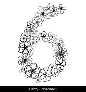 Semplicemente fiore numero uno con testa di fiore, elementi isolati disegnati a mano per scheda di disegno, invito e pagina da colorare. Doodle bianco e nero floreale Illustrazione Vettoriale