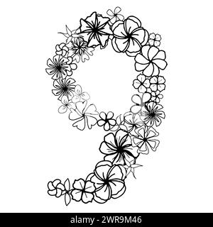 Semplicemente fiore numero uno con testa di fiore, elementi isolati disegnati a mano per scheda di disegno, invito e pagina da colorare. Doodle bianco e nero floreale Illustrazione Vettoriale
