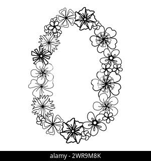 Semplicemente fiore numero uno con testa di fiore, elementi isolati disegnati a mano per scheda di disegno, invito e pagina da colorare. Doodle bianco e nero floreale Illustrazione Vettoriale