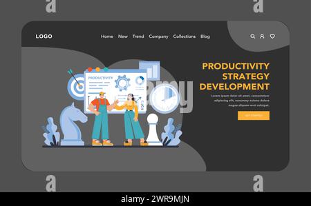 Strategia di produttività sviluppo modalità notte o buia Web o landing page. Creazione di approcci dinamici per migliorare l'efficienza. Collaborazione e innovazione in ambienti professionali. illustrazione vettoriale. Illustrazione Vettoriale