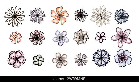 Set di fiori colorati per carte o inviti. Illustrazione vettoriale disegnata a mano Illustrazione Vettoriale