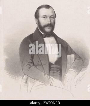 Ritratto di un uomo sconosciuto, la sitter ha avvolto il braccio sinistro intorno alla sedia., stampatore: Johan Hendrik Hoffmeister, Paesi Bassi, 1851, carta, altezza 445 mm x larghezza 305 mm, stampa Foto Stock