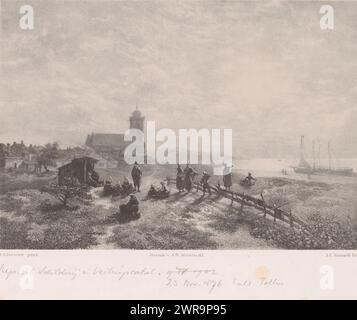 Vista di Katwijk aan Zee, persone sedute nella natura che guardano le barche in mare. Case e una torre di chiesa sullo sfondo., stampatore: Adolf Carel Nunnink, dopo aver dipinto: Salomon Leonardus Verveer, stampatore: Jan Dam Steuerwald, Paesi Bassi, 1823 - 1863, carta, altezza 269 mm x larghezza 356 mm, stampa Foto Stock