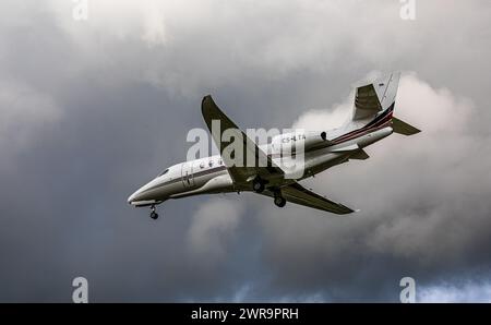 Eine Cessna 680A Citation Latitude von der Charterfluggesellschaft NETJETS befindet sich im Landeanflug auf die Landebahn 28 des Flughafen Zürich. (Zü Foto Stock