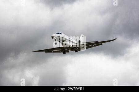 Eine Cessna 680A Citation Latitude von der Charterfluggesellschaft NETJETS befindet sich im Landeanflug auf die Landebahn 28 des Flughafen Zürich. (Zü Foto Stock