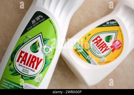 KIEV, UCRAINA - 31 OTTOBRE 2023 bottiglia di plastica di Fairy Washing Up Liquid prodotta da Procter and Gamble e venduta in gran parte dell'Europa Foto Stock