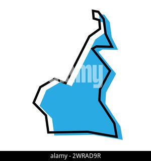 Mappa semplificata del paese del Camerun. Silhouette blu con contorno nero spesso isolato su sfondo bianco. Semplice icona vettoriale Illustrazione Vettoriale