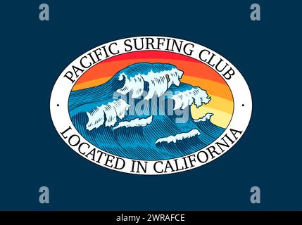 Onde di marea atlantiche e sole rosso. Vecchie etichette stampate a mano incise d'epoca. Pacific Surfing Club situato in California. Stile giapponese per striscioni Illustrazione Vettoriale