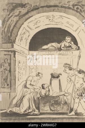 Riproduzione di una stampa su disegno di una vedova addolorata in una tomba, figure tratte dalle storie de la Fontaine (titolo della serie), figure des Contes de la Fontaine (titolo della serie), scena de la matrone d'Éphese di Jean de la Fontaine. Riproduzione di una prova con schizzi ai margini., creatore: Anonimo, dopo stampa di: Adolphe Martial Potémont, dopo disegno di: Jean Honoré Fragonard, 1880, carta, altezza 250 mm x larghezza 170 mm, stampa fotomeccanica Foto Stock