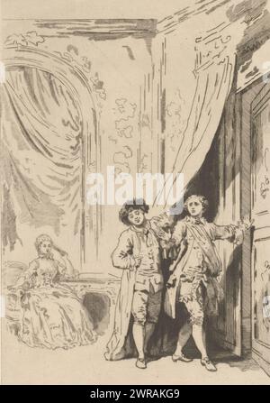 Riproduzione di una stampa su disegno di un interno con una signora e due signori, figure tratte dalle storie de la Fontaine (titolo della serie), figure des Contes de la Fontaine (titolo della serie), scena de le Magnifique di Jean de la Fontaine. Una donna seduta e un uomo che mostra la porta a un altro uomo. Riproduzione di una prova con schizzi ai margini., creatore: Anonimo, dopo stampa di: Adolphe Martial Potémont, dopo disegno di: Jean Honoré Fragonard, 1880, carta, altezza 256 mm x larghezza 180 mm, stampa fotomeccanica Foto Stock