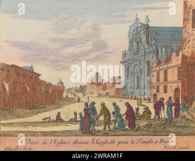 Vista della chiesa di Sainte-Elisabeth a Parigi, Veuë de l'Eglise Sainte Elizabeth prés le Temple a Paris (titolo sull'oggetto), vista della chiesa di Sainte-Elisabeth a Parigi. La stampa fa parte di un album., print maker: Israël Silvestre, editore: Israël Henriet, Anna Beeck, print maker: Paris, editore: Paris, l'Aia, 1631 - 1661, carta, incisione, altezza 88 mm x larghezza 113 mm, altezza 535 mm x larghezza 335 mm, stampa Foto Stock