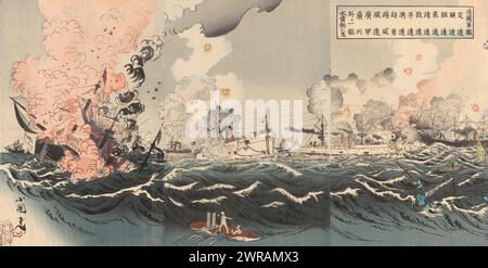 La vittoria della marina giapponese dopo una feroce battaglia navale nei pressi di Dagushan, Nisshin kaisen Daikosan oki daigekisen: dai Nihon kaigun daishôri no zu (titolo sull'oggetto), la vittoria del Giappone nella battaglia del Mar giallo, nota anche come battaglia navale nei pressi di Dagushan, diede al Giappone il controllo sull'intera area del Mar giallo. L'ammiraglia giapponese era la Matsushima, insieme ad altre dodici navi da guerra. Il 17 settembre 1894, la flotta giapponese vinse la battaglia navale dopo cinque ore di combattimenti, diverse navi cinesi naufragarono ma nessuna nave giapponese fu uccisa. Parte sinistra di sei parti. Foto Stock