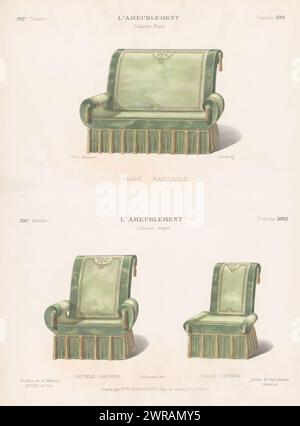 Canapé, poltrona e sedia, Canapé fantaisie / Armchair fantaisie / Chaise fantaisie (titolo sull'oggetto), l'ameublement / Collection Simple (titolo della serie sull'oggetto), Un divano, una poltrona e una sedia. Stampa dal numero 292 (livraison)., stampatore: Léon Laroche, stampatore: Monrocq, editore: Weduwe Eugène Maincent, Parigi, 1895, carta, altezza 356 mm x larghezza 276 mm, stampa Foto Stock