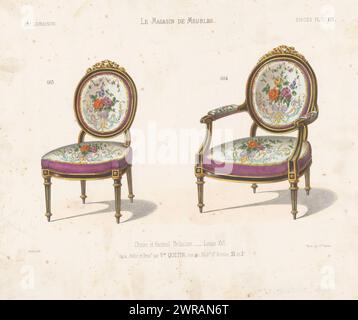 Sedia e poltrona, Chaise et fauteuil Médaillon. Luigi XVI (titolo sull'oggetto), le Magasin de Meubles / Sièges (titolo della serie sull'oggetto), Una sedia e una poltrona in stile Luigi XVI. Stampa dal 15° Livraison., stampatore: Zamor, su disegno di: Victor Joseph Quétin, stampatore: Victor Joseph Quétin, Parigi, 1832 - 1877, carta, altezza 274 mm x larghezza 358 mm, stampa Foto Stock