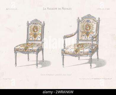 Sedia e poltrona, Chaise et fauteuil Luigi XVI, bois laqué (titolo sull'oggetto), le Magasin de Meubles / Sièges (titolo della serie sull'oggetto), Una sedia e una poltrona in stile Luigi XVI. Print from 20th Livraison., stampatore: Anonimo, su disegno di: Victor Joseph Quétin, stampatore: Victor Joseph Quétin, Parigi, 1832 - 1877, carta, altezza 273 mm x larghezza 359 mm, stampa Foto Stock