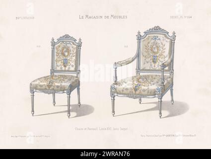 Sedia e poltrona, Chaise et fauteuil Luigi XVI, bois laqué (titolo sull'oggetto), le Magasin de Meubles / Sièges (titolo della serie sull'oggetto), Una sedia e una poltrona in stile Luigi XVI. Print from 20th Livraison., stampatore: Anonimo, su disegno di: Victor Joseph Quétin, stampatore: Victor Joseph Quétin, Parigi, 1832 - 1877, carta, altezza 271 mm x larghezza 358 mm, stampa Foto Stock