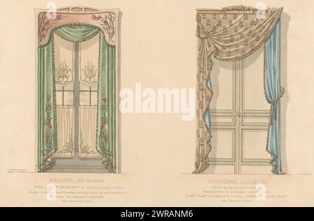 Finestra e porta con tende, Croisée, Art Nouveau / Portière, Luigi XVI (titolo sull'oggetto), l'ameublement / Collection Simple (titolo della serie), Una finestra e una porta con tende drappeggiate, in stile Art Nouveau e Luigi XVI . Print from 327th Livraison., stampatore: Léon Laroche, stampatore: Monrocq, editore: Weduwe Eugène Maincent, Parigi, 1895, carta, altezza 276 mm x larghezza 358 mm, stampa Foto Stock