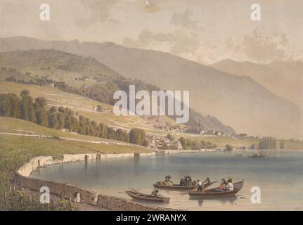 Vista della chiesa di Montreux, stamperia: Anonimo, 1800 - 1899, carta, incisione, altezza 56 mm x larghezza 93 mm, stampa Foto Stock