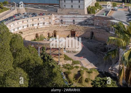 Rovine in restauro dell'anfiteatro romano del i secolo a.C., scoperta archeologica nella città di Cartagena, regione di Murcia, Spagna. Foto Stock